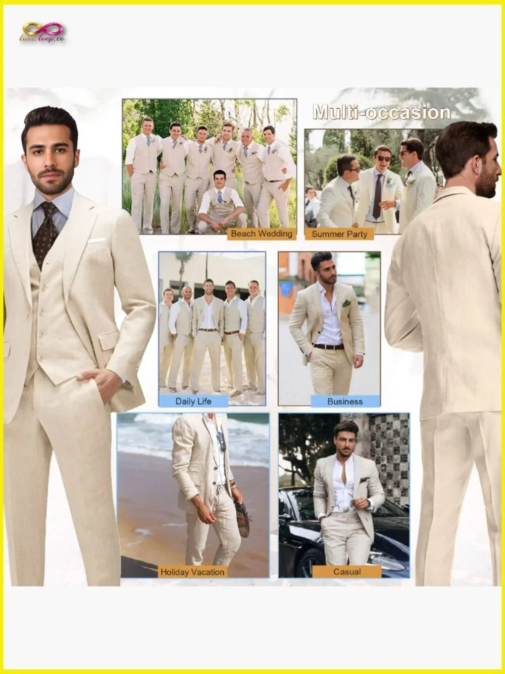 Linen Suit 3-Piece Slim Fit Classic Elegant Wedding Business Casual